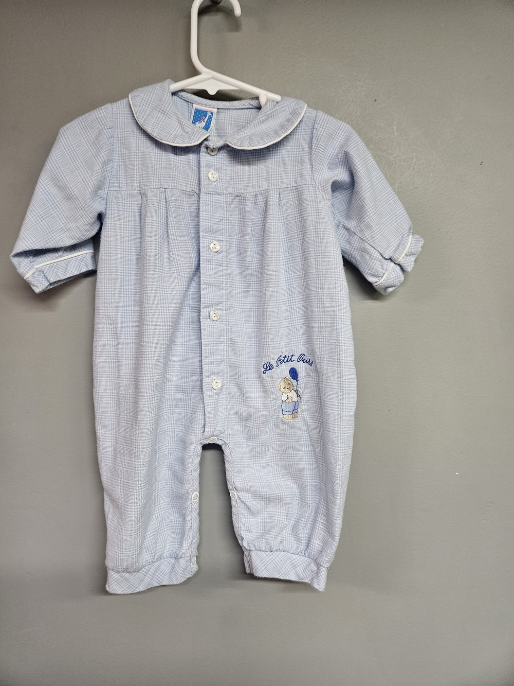 Vintage 6 Month Long Sleeve Blue Plaid Romper Embroidered Bear